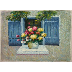 Dipinto a olio - Vaso di fiori su davanzale